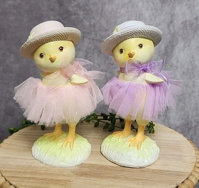 Easter Chick Bunny Pink Purple Tutu Dress & Floral Hat Figurines 2 Pc 6.5'' NEW