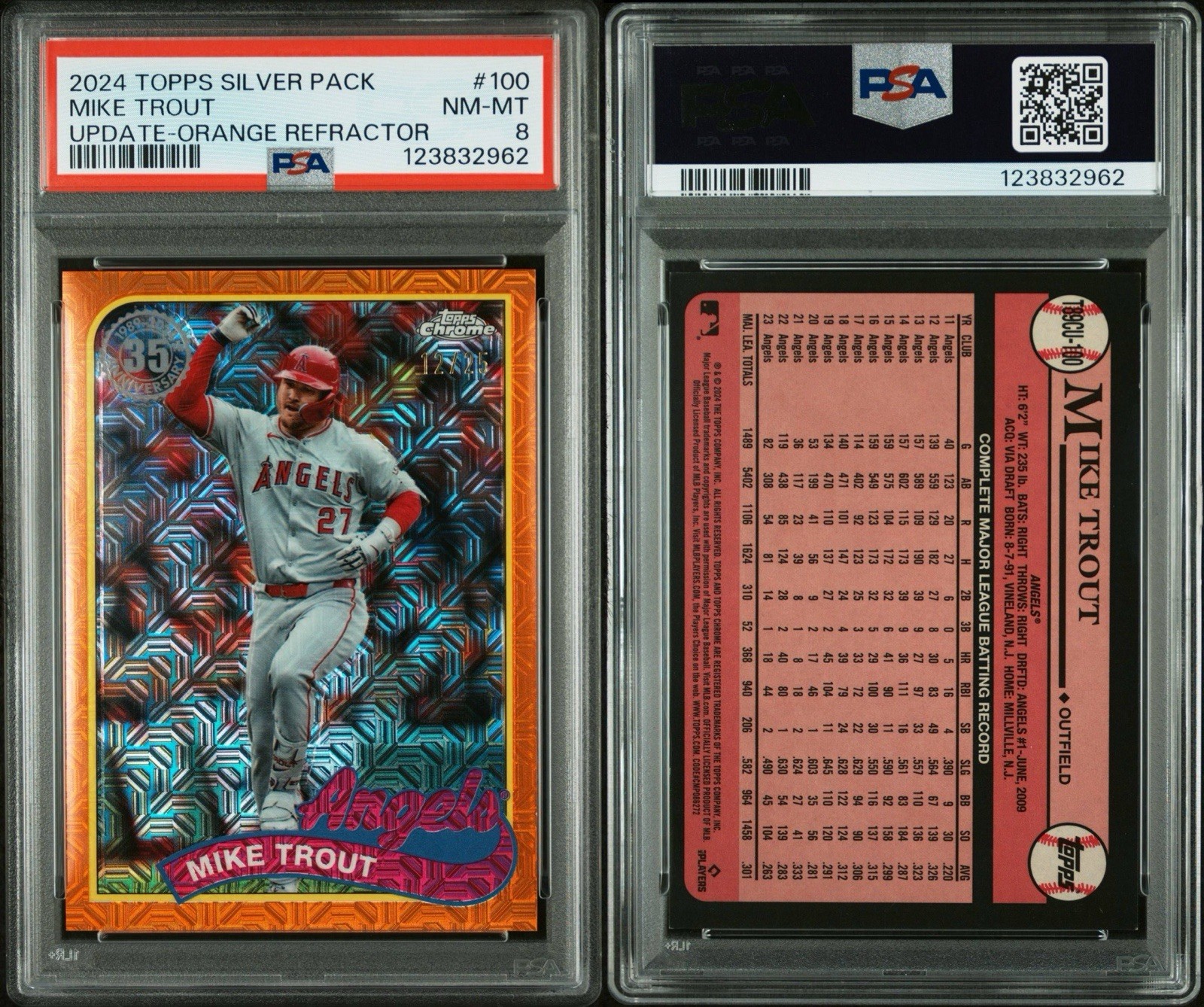 2024 Topps Chrome Silver Pack Mike Trout Orange Refractor /25 PSA 8 NEAR MINT view 3