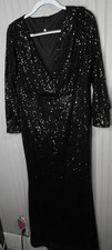 Sequin Dress Womens 2XL Plus Black Maxi Long Sleeve V Neck Evening Gown Party
