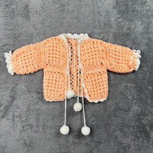 Handmade Crochet Baby Cardigan Peach White Drawstring Pom Pom Sweater