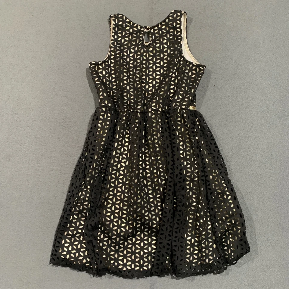 Girls Party Dress Black Gold Floral Perforated Lined Size L 10/12 - Image 4 of 4