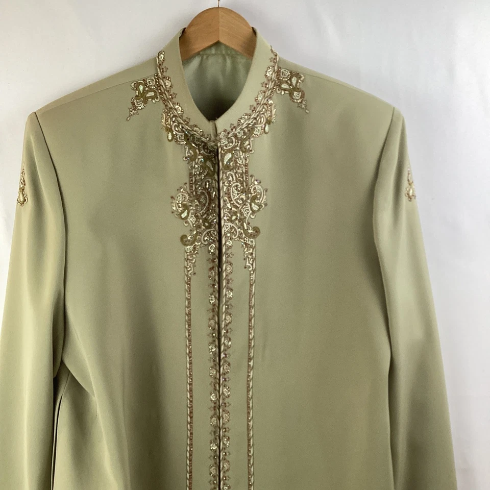 Mens Sage Green Embroidered Sherwani Jacket Long Coat Dressy Formal - Image 3 of 4