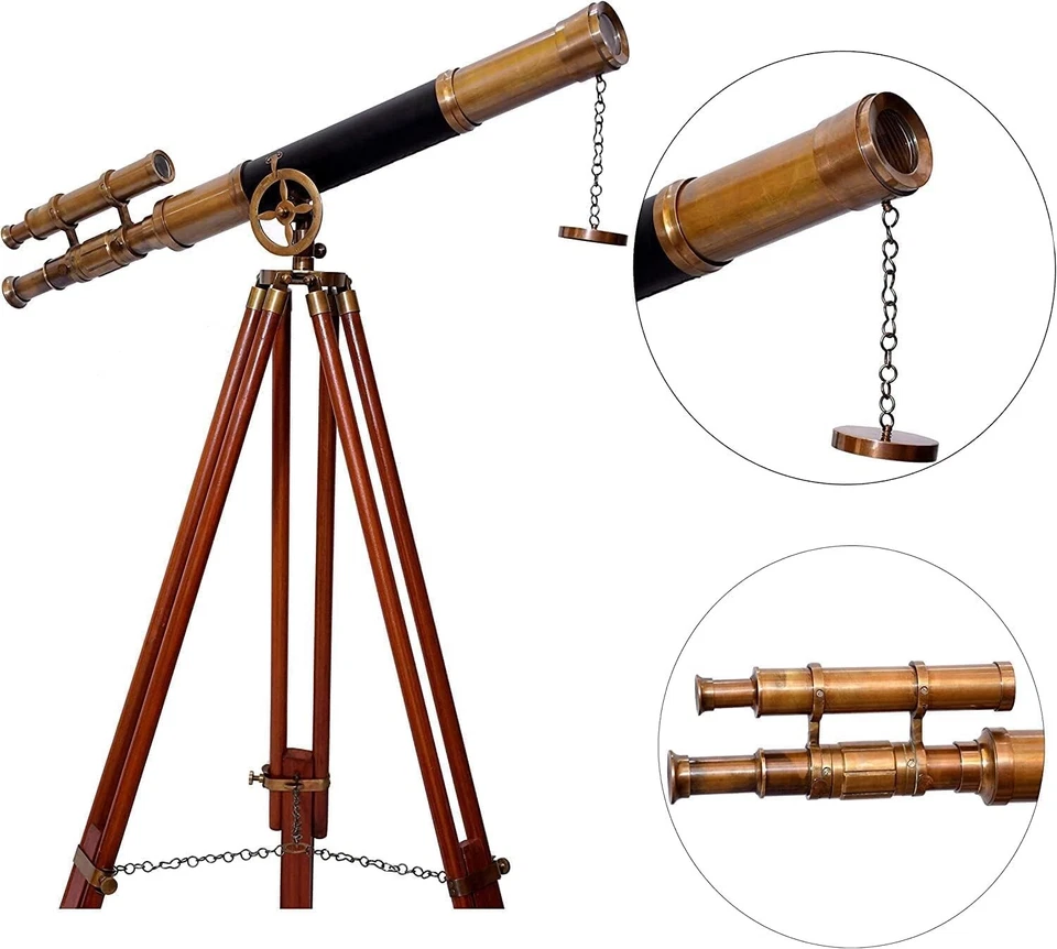 Double Barrel Floor Standing Antique Telescope with Wooden Tripod Stand Vintage - Image 2 of 4