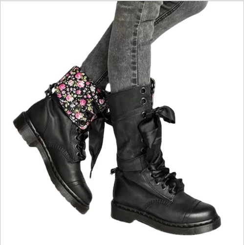 Women Retro Mid Calf Boots Lace Up Biker Punk Military Combat Ankle Bootie Shoes - Bild 9 von 13