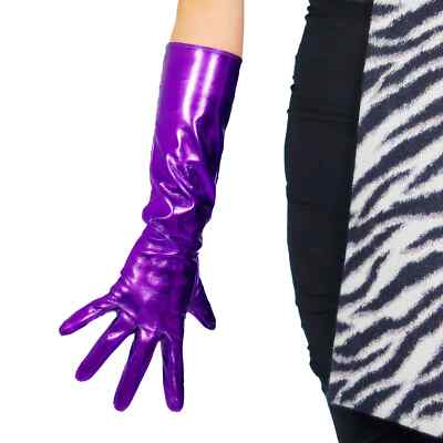 Women's Shine Dark Purple GLOVES Faux Patent Leather LATEX 40cm Elbow Long