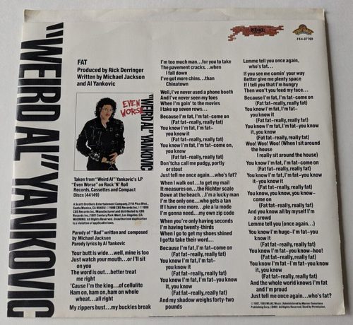WEIRD AL YANKOVIC Fat 7" PICTURE SLEEVE Promo ROCK'N'ROLL RECORDS (1988) - Picture 3 of 3