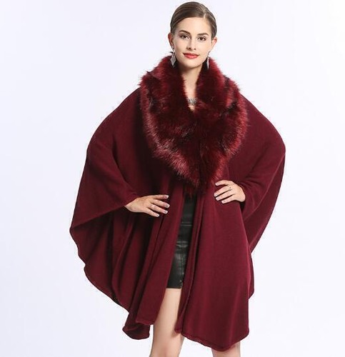 Faux Fox Fur Collar Loose Ladies Oversize Knitted Cape Poncho Western Overcoat - Picture 7 of 18