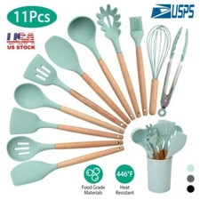 12-Pcs Kitchen Silicone Utensils Set with Heat Resist Wooden Handle water green