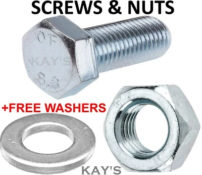 KAYFAST M6 M8 M10 NUTS AND BOLTS FULLY THREADED SET SCREWS ZINC PLATED + FREE WASHERS