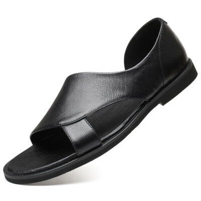 Men Slip On Leather Black Solid Flat Sandals Round Open Toe Fashion Summer  Shoes