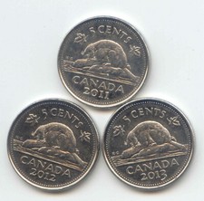 Canada 2011 2012 2013 Canadian Nickels 5c Five Cents 5 EXACT SET - 3 Coins