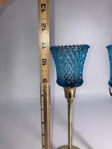 Vintage Beacon Hill Brass Candle Holders With Votive Cups Glass Teal Set 2 - Picture 14 of 16