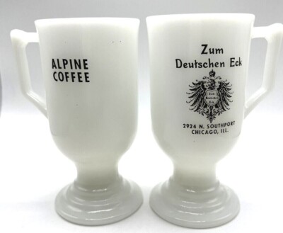 ALPINE COFFEE MILK GLASS COFFEE MUG PEDESTAL FOOTED MUGS SET OF 2 ZUM DEUTSCHEN 