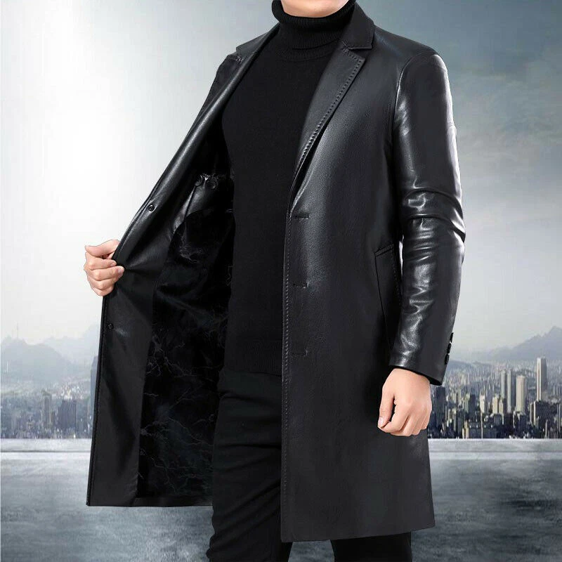 Men Leather Black Trench Coat Real Lambskin Leather Slim Fit
