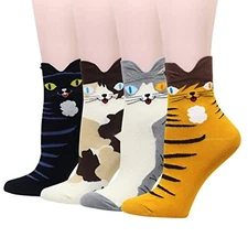Wrapables Novelty Animal Print Crew Socks (4 pack) Cute Cats For Kids Teenagers