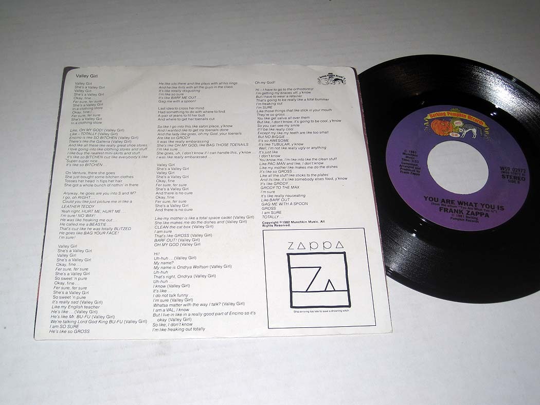 45rpm w/Pic Sleeve FRANK & MOON ZAPPA Valley Girl BARKING PUMPKIN