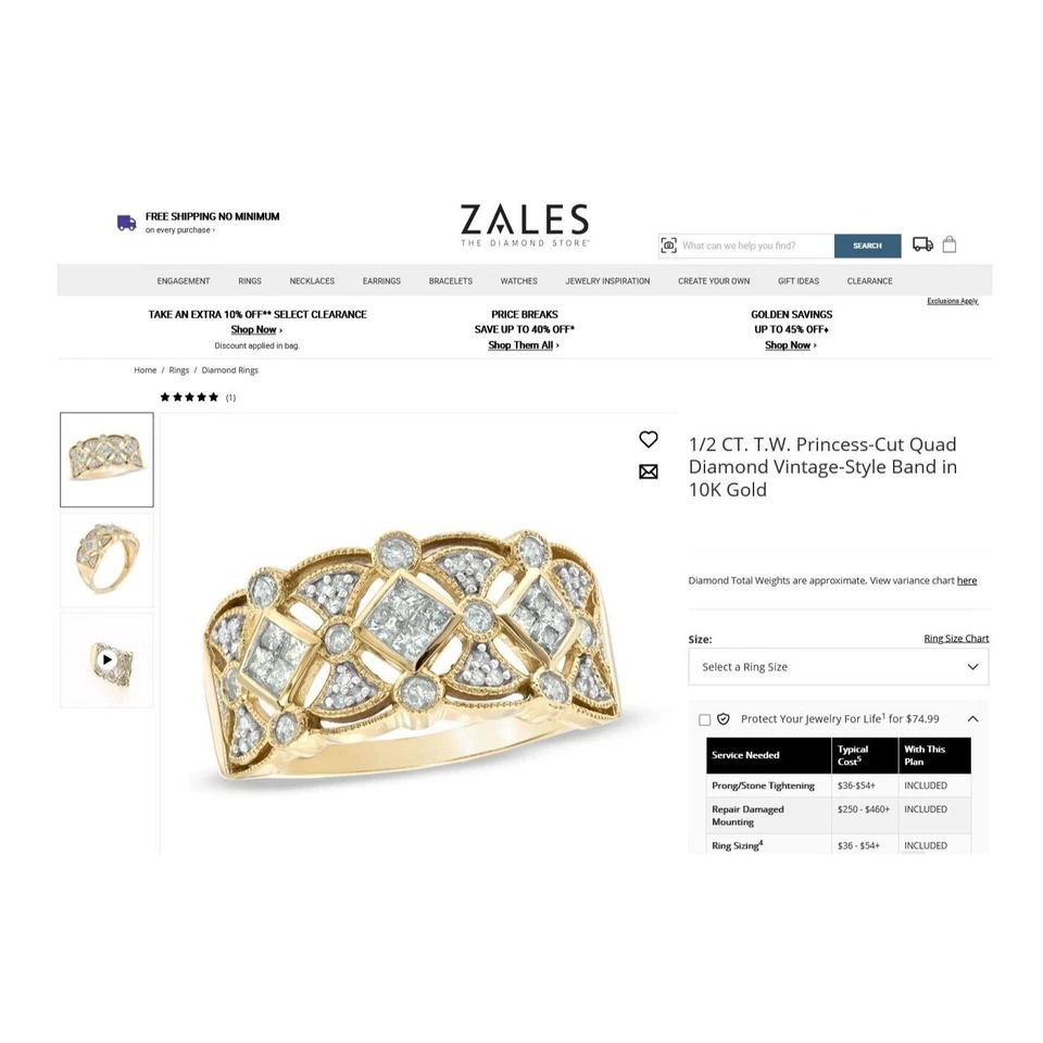 Womens Diamond Ring Unique 1/2 CT. Princess Cut Vintage Style Size 7 10K Gold - Image 4 of 4