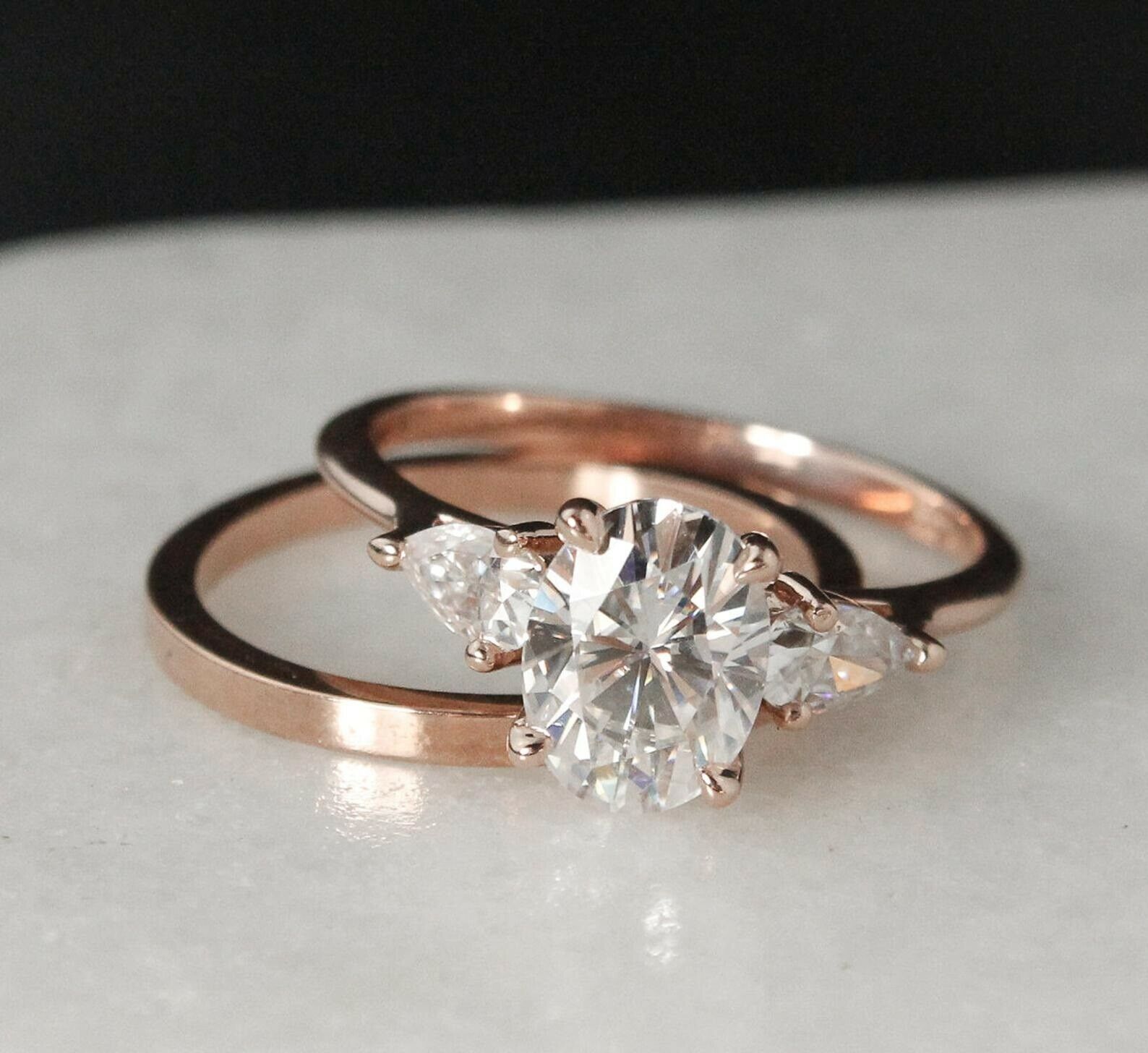 Trilogy Bridal Set Engagement Ring 3ct Simulated Diamond 14k Rose Gold Plated