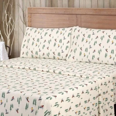Mainstays 4 Piece Flannel Sheet Set Ski pine trees Full Size 100% Cotton, New