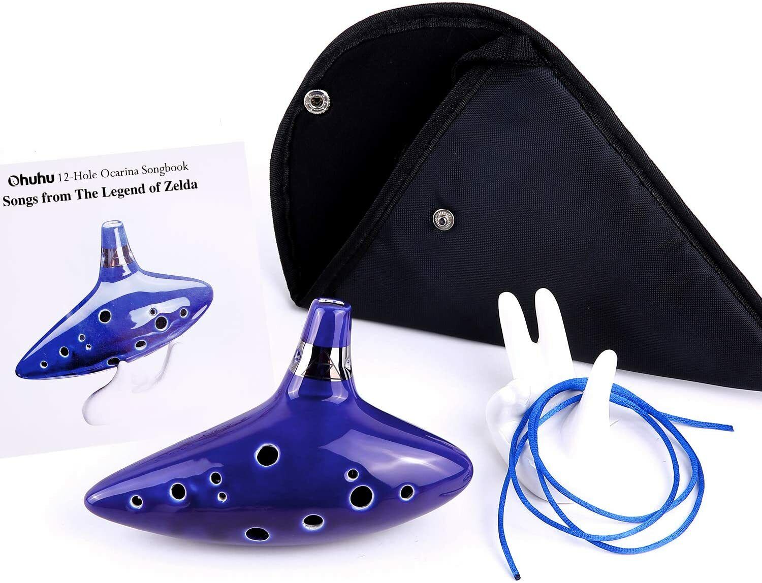 Legend of Zelda Ocarina of Time, 12 Hole Ocarina Alto C w/Song Book,  Display Stand, Protective Bag, Cord, Blue