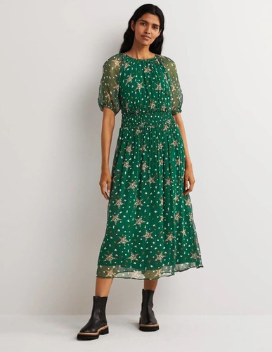 BODEN Deep Smocked Waist Midi Dress Hunter Green Star Floral D0350 UK 8P NEW D28 - Picture 2 of 6