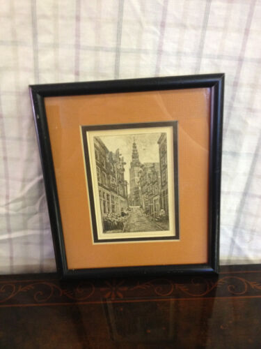 Antique Louis Landre Etching Print of Street Scene w/ Church & Marking - Picture 1 of 12