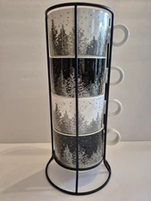 New 5 PC Tower Fine Porcelain Cups Coffee/Tea Stackable Portable Winter Scape