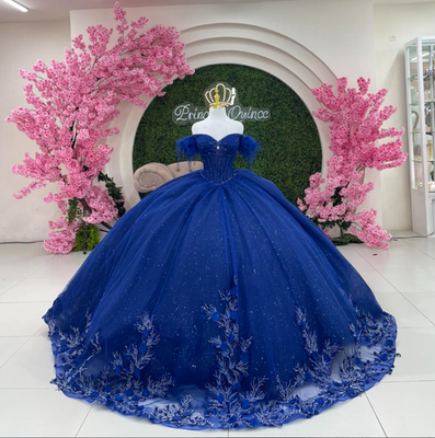 prom flowers for blue dress Blue Floral-Print Long White Lace Prom Dress L878 Blue/Print / 00