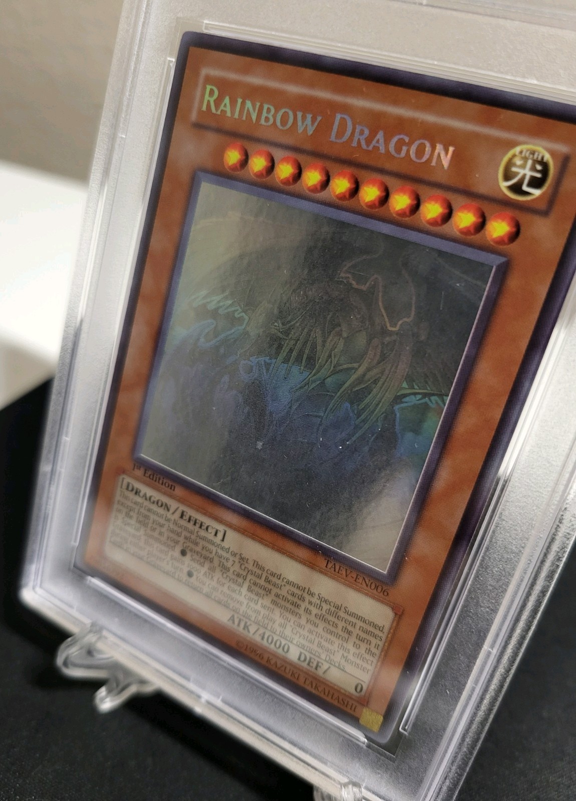Yugioh 2007 Rainbow Dragon TAEV-EN006 1st Edition Ghost Rare PSA 8 (Clean Foil) view 4