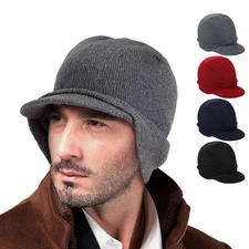 Men Women Knit Hat Winter Warm Stretch Beanie Ear Flaps Cap Outdoor Brim Ski Hat