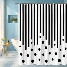 Modern Black and White Shower Curtain with Stripes and Dots Design