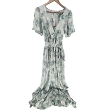 Baltic Born XL Sage Meadow Maxi Dress Floral Print V Neck Tie Belt Wedding
