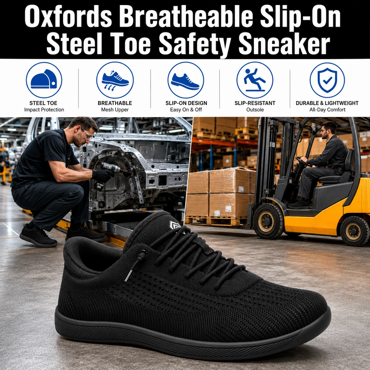 LARNMERN Steel Toe Men Slip On Work Safety Sneakers Lightweight Dress Oxford