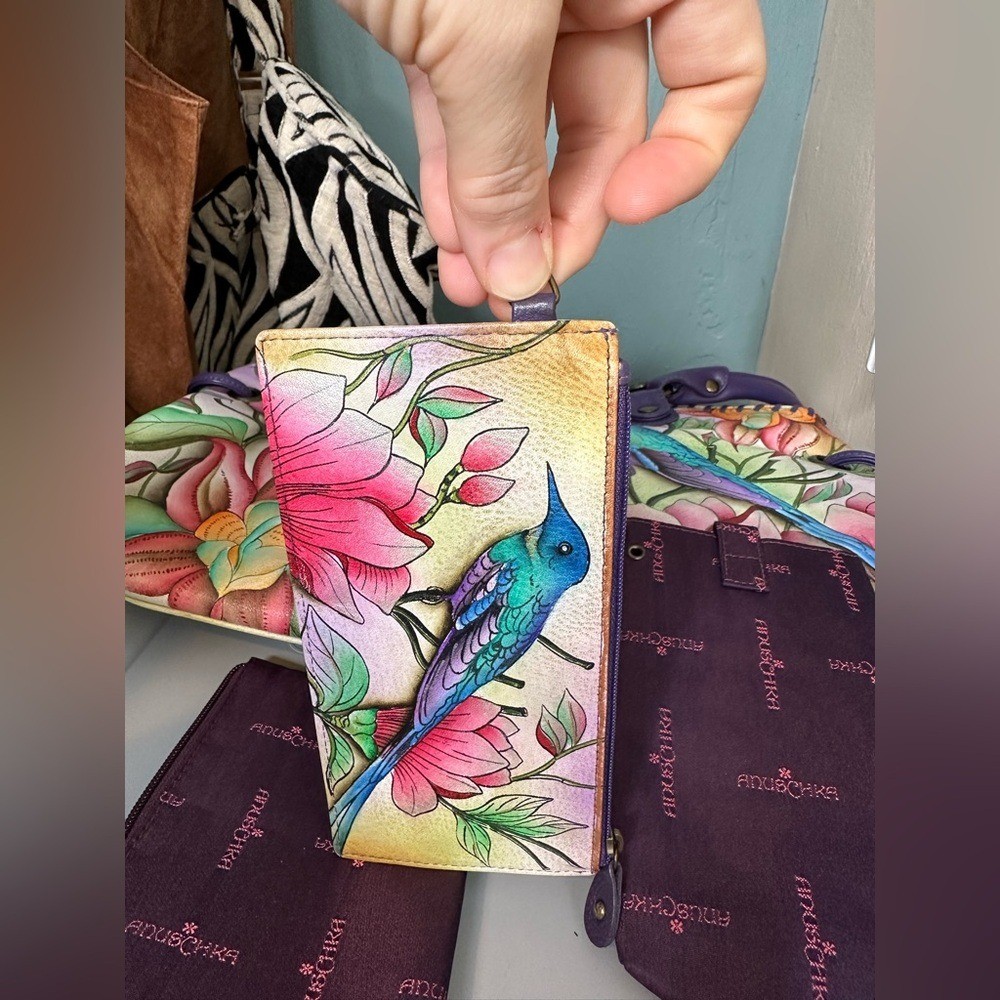 Anuschka Hand Painted Genuine Leather Featuring Hummingbird Floral Tote Bag.