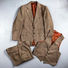 VTG Mens 3 PC Suit 42 Jacket Coat Pants Vest Plaid Rockabilly 70s 1970s Brown
