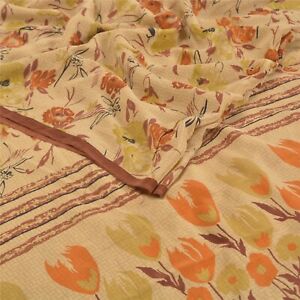 Sanskriti Vintage Brown Printed Sarees Pure Crepe Silk Sari Soft Craft Fabric