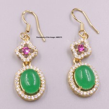 New Gold Plated Women's Green Jade Floral Dangle Earrings Drop Hook 40mm H