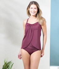 Denim  Co. Beach Draped Tankini with Ruched Waist Brief Wine Red Reg 10 A634401