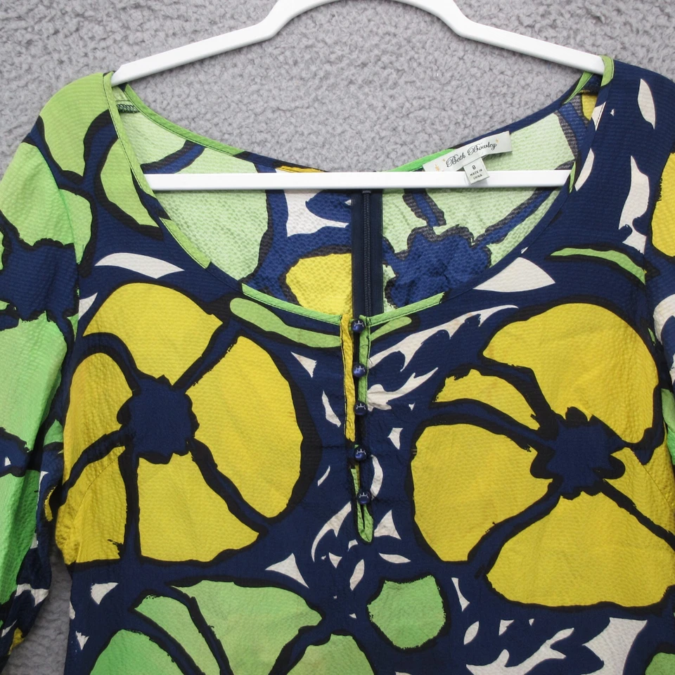Vestido de seda floral Beth Bowley para mujer 8 verde amarillo mangas 3/4 Foto 4 de 4
