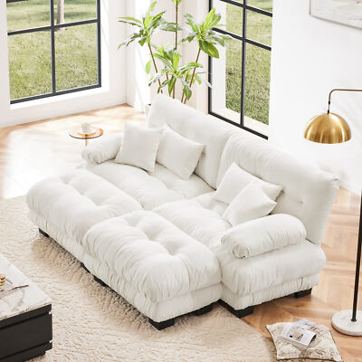 Cloud Couch Sleeper Sofa Upholstered Wide Arm Sofa 2 Ottomans - Chenille White