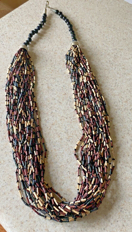 VINTAGE MULTI STRAND BROWN, TAN, & BLACK BEADED NECKLACE