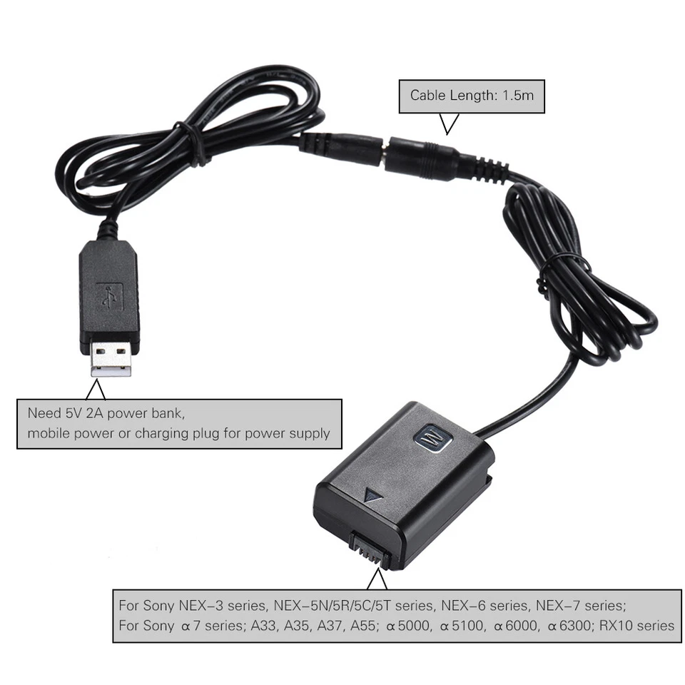 NP-FW50 Dummy  +    (5V 2A) USB  Cable for AC-PW20 Z4P2 - Image 3 of 4