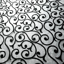 Elegant Black Swirls Filigree Vines Flocked Organza Fabric 58" By The Yard