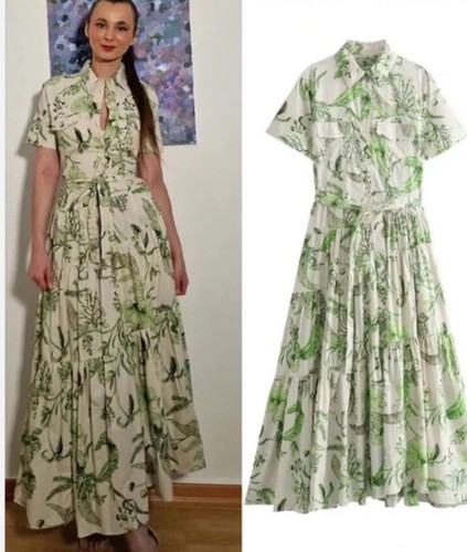 ZARA Nuevo Vestido Camisa Para Mujer Midi Cinturón Estampado Floral Verde - Imagen 2 de 12