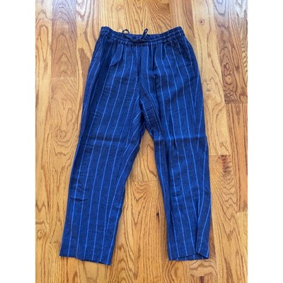 A.D.E.L.E. 1961 Blue Striped 100% Linen Elastic Waist Pants Womens US 8 IT 44