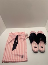 Victoria's Secret Slippers Large 9/10 Signature Pink Stripe Satin Faux Fur Trim