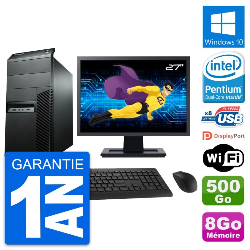 PC Tour Lenovo M92p Ecran 27" Intel G2020 RAM 8Go Disque 500Go Windows 10 Wifi