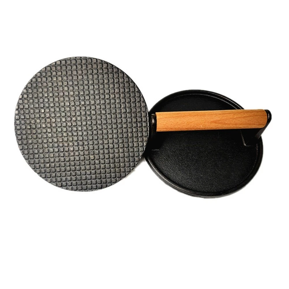 Burger Press 7Inch Round Cast Iron Smash Bacon Press Meat Steak with Wood8433