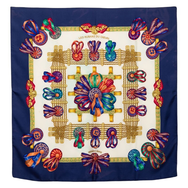 Hermes Carre 90 LES RUBANS DU CHEVAL Horse Ribbon Scarf Navy Multicolor Silk