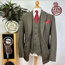 HARRIS TWEED Herren (42R) 2 Teiler Sakko + Weste Karo Fischgrät Anzug EWM